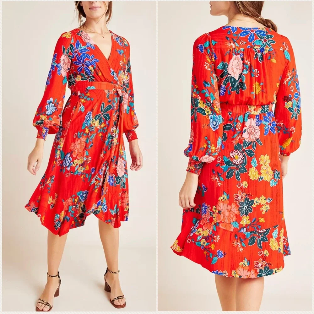 ANTHROPOLOGIE Boswell Red Floral Textured Wrap Tunic Dress Women's Size 12